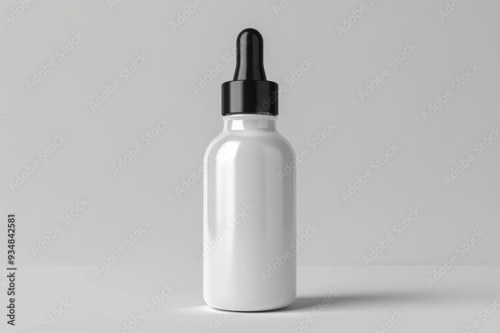 White Dropper Bottle with Black Lid on a Grey Background White Dropper Bottle with Black Lid on a Grey Background
