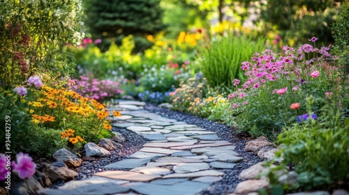 Engage with the natural world in a peaceful garden with a winding stone path surrounded by colorful flowers and lush greenery
