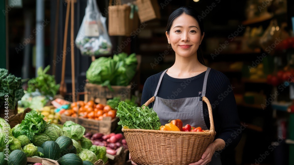 Smiling woman holding a basket of fresh vegetables at a farmer's market. A display of assorted produce in the background. Smiling woman holding a basket of fresh vegetables at a farmer's market. A display of assorted produce in the background.