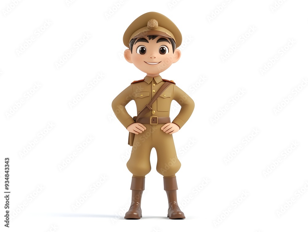 Detailed 3D render of a young male character dressed in a complete military soldier uniform standing at attention with a professional and disciplined pose isolated on a clean white background Detailed 3D render of a young male character dressed in a complete military soldier uniform standing at attention with a professional and disciplined pose isolated on a clean white background