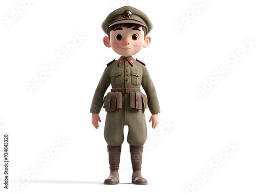 Detailed 3D animation of a young boy character in full military uniform standing at the center of the frame on a plain white background The digital showcases the character s design pose