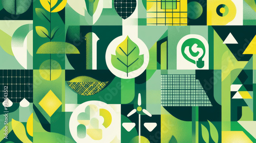  Green energy, abstract geometric Bauhaus pattern related to the environment. Vector design featuring sustainability, eco-friendly power, and renewable energy. Bauhaus style pattern.