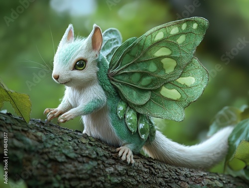 Enchanted Six-Legged Squirrel with Actias Luna Moth Wings and a Leafy Tendril Tail, a Whimsical Fantasy Creature in a Natural Wonderland photo