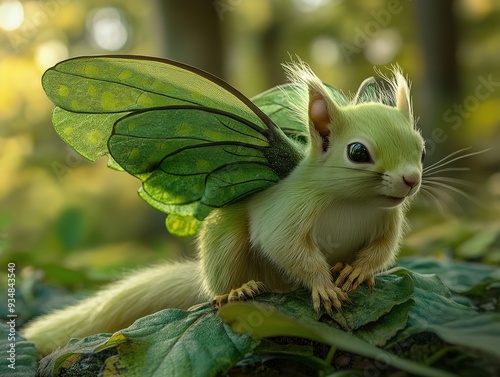 Enchanted Six-Legged Squirrel with Actias Luna Moth Wings and a Leafy Tendril Tail, a Whimsical Fantasy Creature in a Natural Wonderland photo