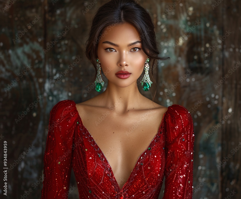 Glamorous Model in Red and Green Jewelry