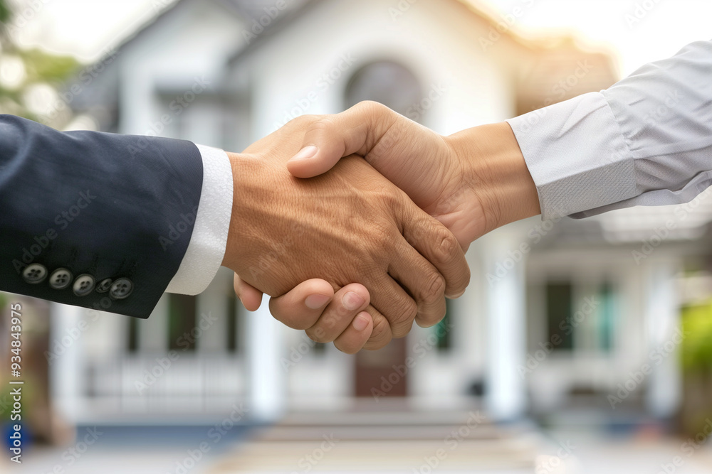 A minimalist and elegant image of a real estate agent and customer shaking hands in front of a new house. This photo is perfect for adding text overlay or captions. A minimalist and elegant image of a real estate agent and customer shaking hands in front of a new house. This photo is perfect for adding text overlay or captions.