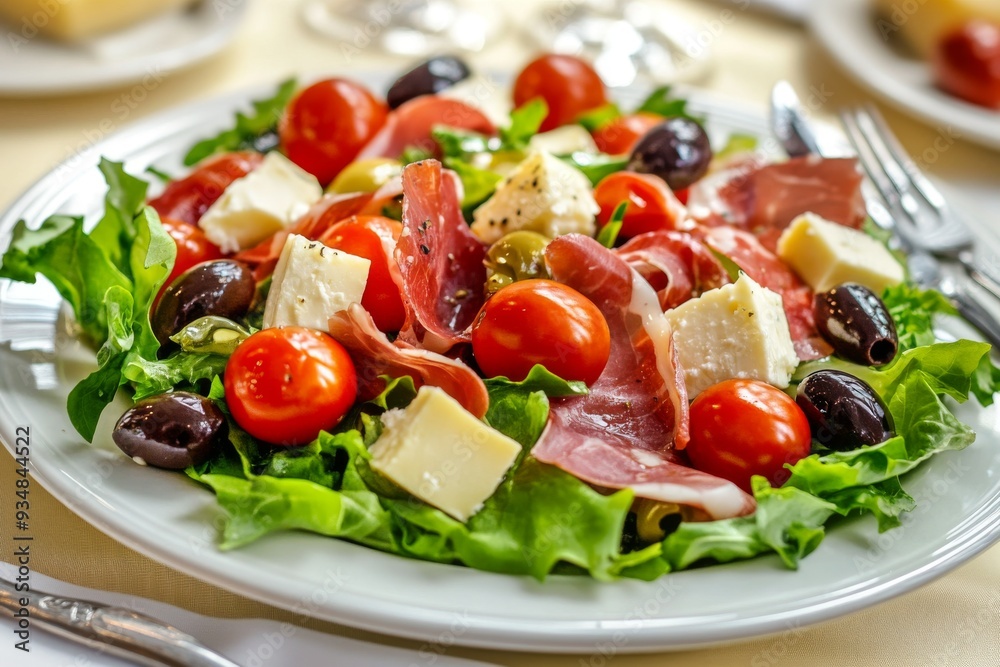 A photo of prosciutto salad on a white plate, on a table with silverware in a restaurant. Generative AI A photo of prosciutto salad on a white plate, on a table with silverware in a restaurant. Generative AI