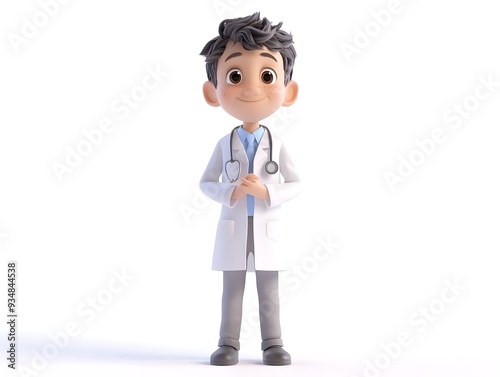 3D animation depicting a full body render of a young boy wearing a pharmacist s uniform standing centered against a plain white background with no shadows or additional elements