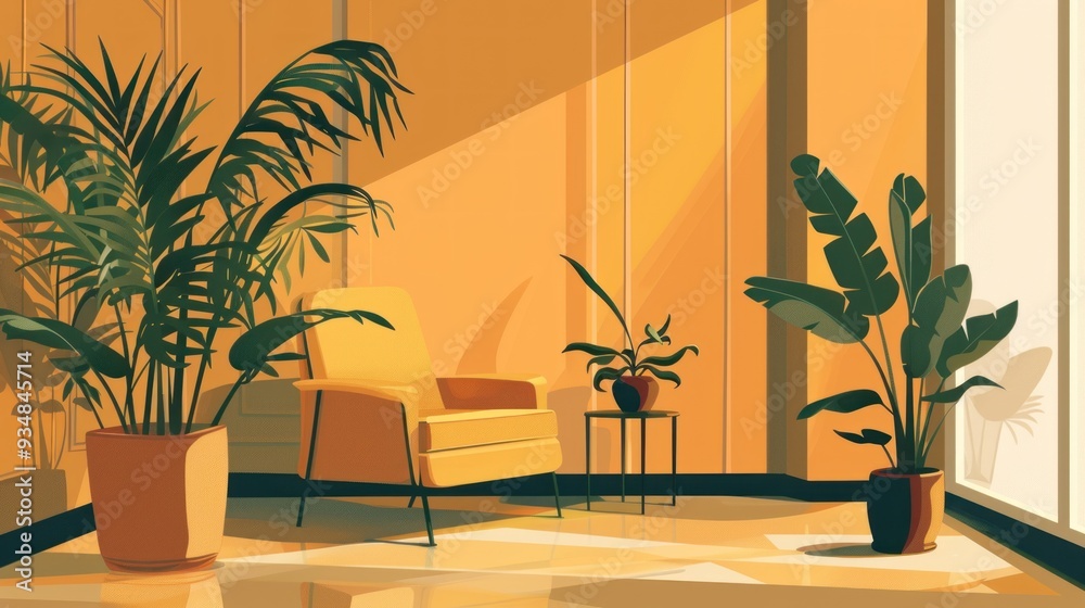 Sunlit Living Room Interior with Plants and Yellow Armchair. Sunlit Living Room Interior with Plants and Yellow Armchair.