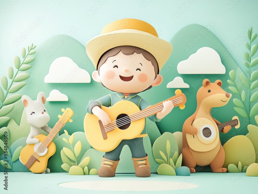 Naklejka premium A cheerful boy playing guitar with animal friends in a vibrant, cartoonish forest setting, perfect for children's illustrations.