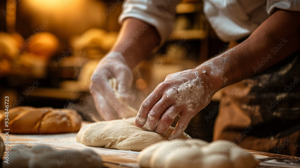 A baker is diligently kneading dough with floury hands in a cozy bakery, surrounded by the enticing scent of freshly baked bread A baker is diligently kneading dough with floury hands in a cozy bakery, surrounded by the enticing scent of freshly baked bread