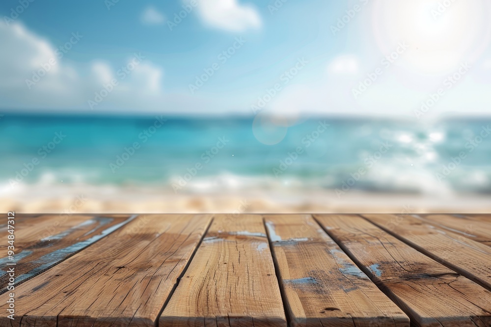 Wooden Plank Surface with Blurred Beach Background Wooden Plank Surface with Blurred Beach Background