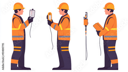 Collection of industrial workers using a pyrometer to measure temperature. Vector illustration