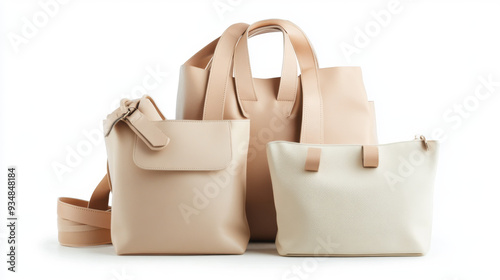 Collection of women's fashion beige handbags isolated on a white background. Includes cloud leather unisex casual shoulder bags. High-resolution product photo for stock imagery.