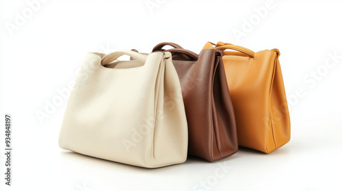 Collection of women's fashion beige handbags isolated on a white background. Includes cloud leather unisex casual shoulder bags. High-resolution product photo for stock imagery.