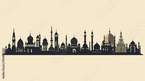 Collection of silhouettes of Muslim cities for architectural or historical design purposes. #934848342