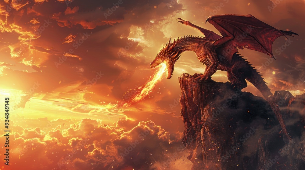 Dragon Breathing Fire at Sunset. Dragon Breathing Fire at Sunset.