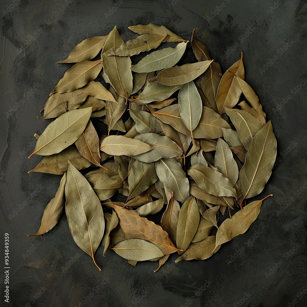 Dried bay leaves form a circular pattern on a dark gray backdrop, with muted green tones contrasting sharply against the deep background. Dried bay leaves form a circular pattern on a dark gray backdrop, with muted green tones contrasting sharply against the deep background.