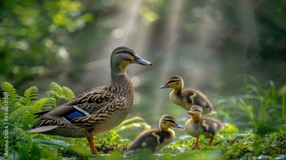 Mother Duck and Ducklings in a Lush Green Forest. Mother Duck and Ducklings in a Lush Green Forest.