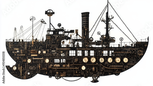 Silhouette of a ship composed of mechanical components and nautical equipment, featuring a propeller and anchor, chain and rudder, engine order telegraph, portholes, helm, steering mechanism, baromete photo