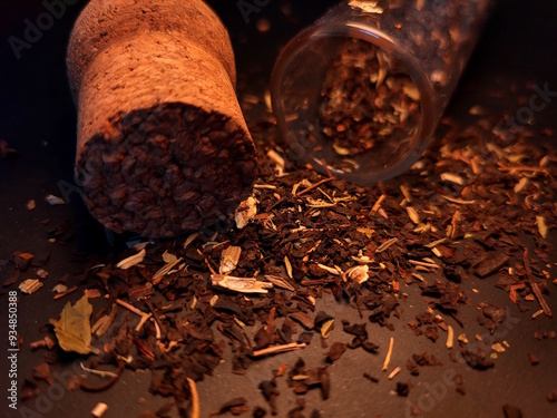 Aromatic crushed leaf black tea. Healthy nutrition. Macro photo