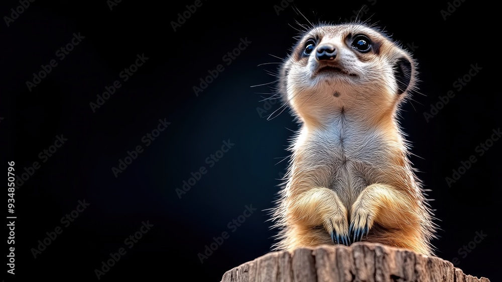 Fototapeta premium Close-up of a meerkat in a studio, soft lighting highlighting intricate fur details and its inquisitive expression.