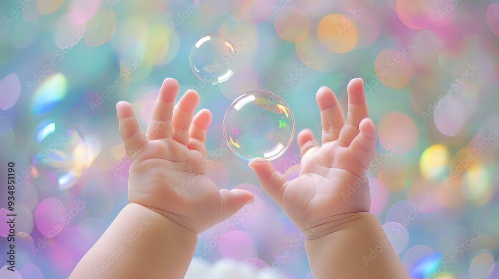 a beautiful view of hands of a baby with rainbow bubbles isolated on background a beautiful view of hands of a baby with rainbow bubbles isolated on background