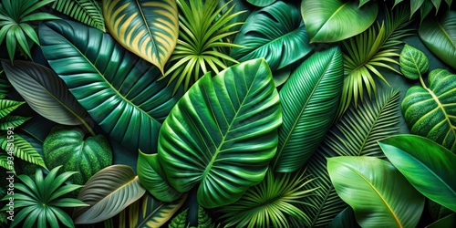 Lush and vibrant collection of tropical leaves, featuring a variety of textures and shades of green, tropical, leaves, foliage