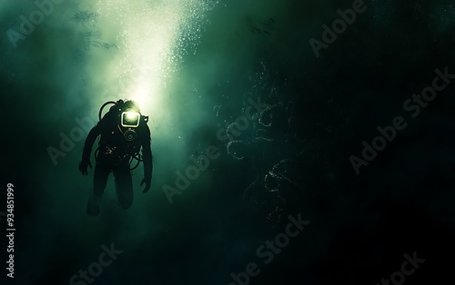 A solitary deep-sea diver illuminated by a headlamp, descending into the inky blackness of the ocean, surrounded by strange and beautiful deep-sea creatures. The mood is one of adventure and
