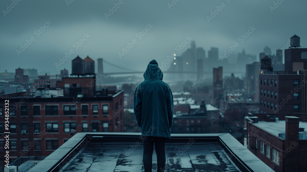 Fototapeta premium A person stands on a rooftop in a hoodie, gazing out over a foggy city skyline as twilight descends, creating a mysterious atmosphere with muted colors, copy space