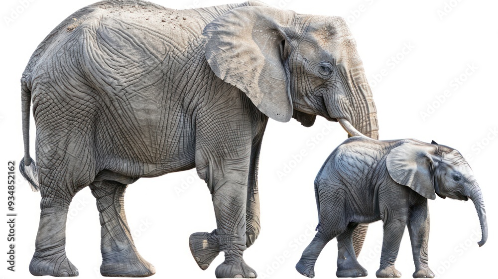 Fototapeta premium Mother elephant and calf walking isolated on white background.