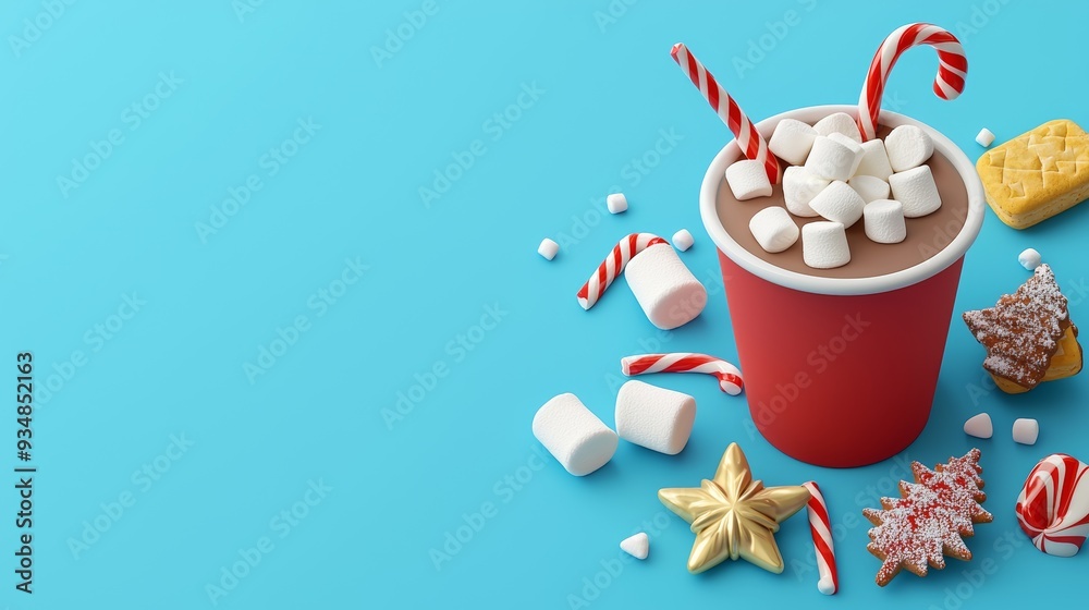 Festive hot chocolate with marshmallows and candy canes on a bright blue background. Perfect for winter holidays and celebrations. Festive hot chocolate with marshmallows and candy canes on a bright blue background. Perfect for winter holidays and celebrations.