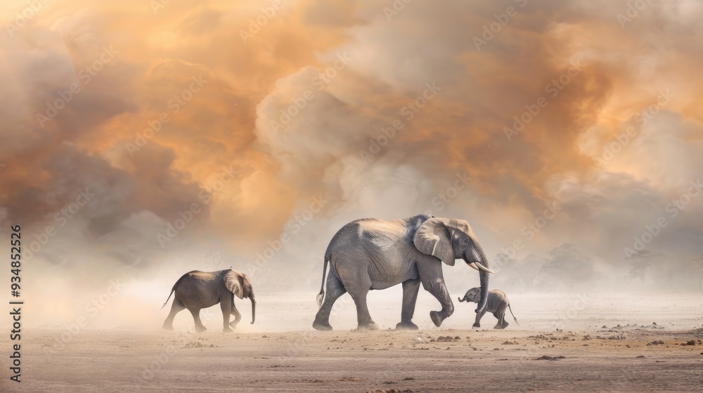 Fototapeta premium Elephants walking through dusty savanna under a dramatic sky.