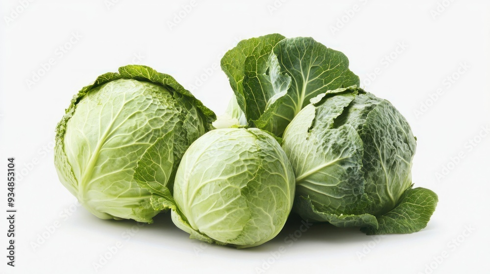 Three fresh green cabbages with tightly packed leaves shown against a white background, highlighting their vibrant color and healthy, leafy appearance.