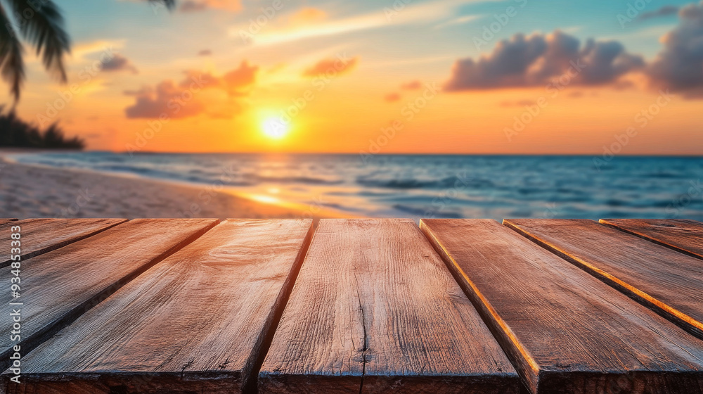 An empty wooden table is set against a blurred sunset beach background, providing a perfect setting for showcasing products. The scene highlights the table's surface, while the soft hues of the sunset An empty wooden table is set against a blurred sunset beach background, providing a perfect setting for showcasing products. The scene highlights the table's surface, while the soft hues of the sunset