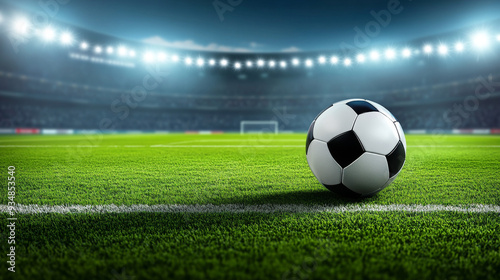 Poster featuring a soccer ball on a football field, designed for a sports game competition. Includes a championship cup banner template with a green football stadium field and space for event announce