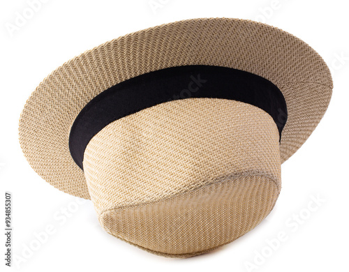 Vintage Straw hat with black ribbon for man isolated over white background. photo