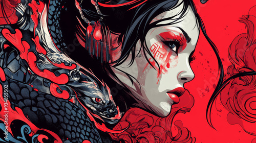Yakuza girl tattoo illustration for posters, t-shirt designs, and merchandise photo