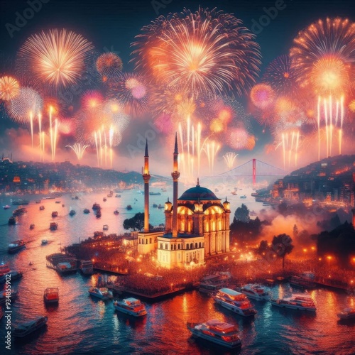 Spectacular Fireworks Festival Over Besiktas and Bosporus in Istanbul photo