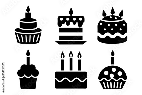 Set of Happy Birthday cake icons silhouette vector art illustration