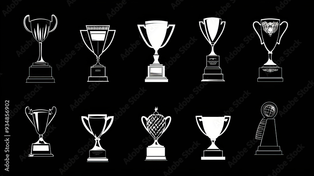 A collection of sports trophies and awards silhouettes, designed for use in logos or other graphic elements. The set includes various classic shapes such as cups, shields, stars, and laurel wreaths. A collection of sports trophies and awards silhouettes, designed for use in logos or other graphic elements. The set includes various classic shapes such as cups, shields, stars, and laurel wreaths.