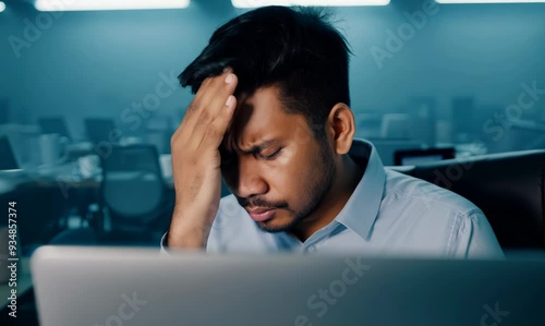 Exhausted Thai Man Struggling with Work at Laptop