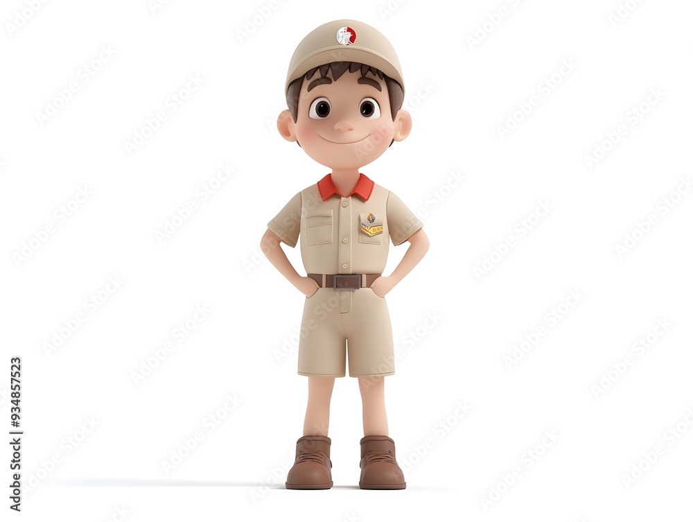 3D animation of a full body boy character wearing a tour guide uniform standing at the center of a clean white background with no shadows 3D animation of a full body boy character wearing a tour guide uniform standing at the center of a clean white background with no shadows