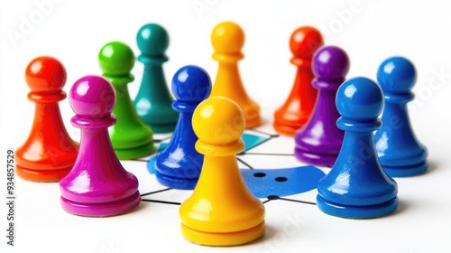 Colorful pawns on the network, white background, stock photo,