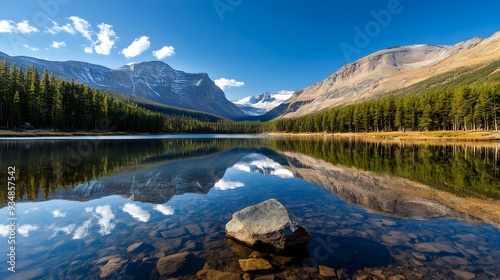 Rocky mountain scenery, clear blue lake, pine tree forest, secluded spot