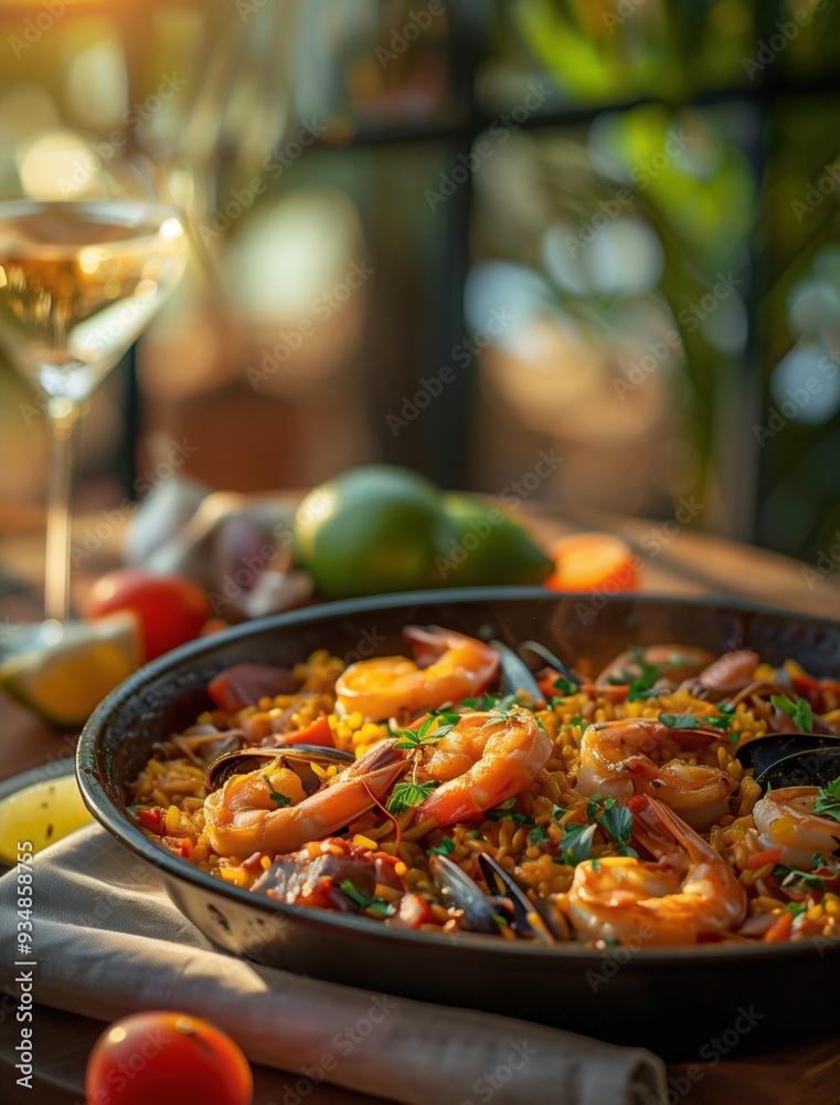 Close up of savory Spanish Paella with shrimp and vegetables Close up of savory Spanish Paella with shrimp and vegetables
