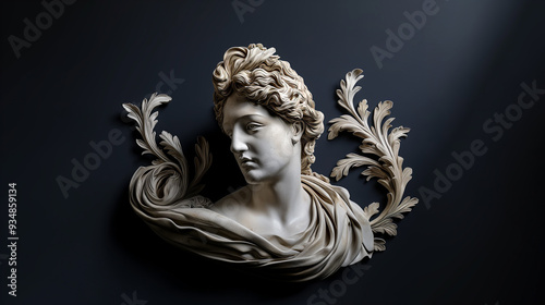 Greek statue woman bust on black background. Antique roman sculpture concept