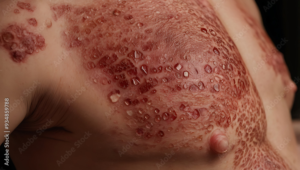 Fototapeta premium Close-up of Psoriasis Plaques on the Skin, Displaying the Thick, Red, and Scaly Patches Typical of the Condition