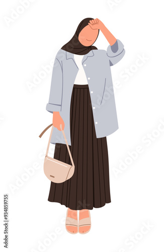 Illustration of full body young muslim woman in abaya hijab hold bag isolated. Young muslimah wear casual stylish hijab dress. Islamic trend fashion. Flat vector design