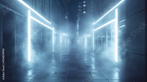 Foggy City Alleyway with Glowing Neon Lights